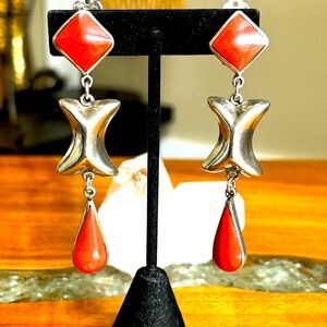 Sterling silver 925 Vintage Mexico dangle clip Taxco  earrings orange
